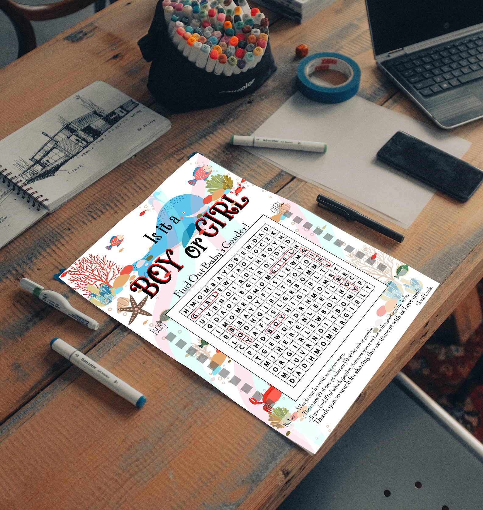 Gender Reveal Crossword Game With Underwater Design Gender Etsy UK