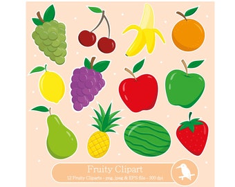12 Colourful Summer Digital Fruit Clipart Vectors – Instant Download