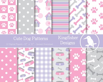 12 Cute Dog Patterns Digital Papers Set for Instant Download – Digital Patterned Paper, Scrapbooking and crafting, printable patterns