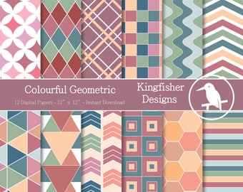 12 Colourful Geometric Designs Digital Papers Set for Instant Download–Digital Patterned Paper, Scrapbooking and crafting,printable patterns