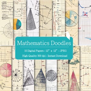 May include: A collection of 15 digital papers featuring mathematical doodles. Each paper is 12 inches by 12 inches and includes hand-drawn diagrams, charts, and geometric shapes in various colors. The papers have a vintage aesthetic with a beige background.