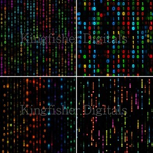 May include: Four digital art panels featuring a binary code rain effect in various color schemes. The numbers 0 and 1 cascade down the black backgrounds in green, blue, red, and yellow hues. The text "Kingfisher Digitals" is visible.