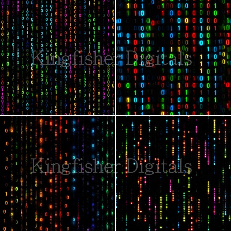 May include: Four digital art panels featuring a binary code rain effect in various color schemes. The numbers 0 and 1 cascade down the black backgrounds in green, blue, red, and yellow hues. The text "Kingfisher Digitals" is visible.