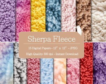 May include: A collection of 15 digital Sherpa fleece papers, each 12 x 12 inches, in various colors including purple, pink, yellow, and blue. The image displays a variety of textures and shades, perfect for digital projects.