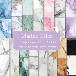 Puede incluir: Una colección de 15 papeles digitales de baldosas de mármol, cada uno de 30,48 cm x 30,48 cm, en varios colores como azul, verde, rosa y dorado. La imagen incluye el texto "Marble Tiles" y "High Quality 300 dpi - Instant Download".