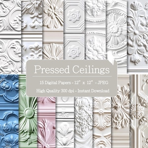 Puede incluir: Una colección de 15 papeles digitales con diseños ornamentados de techos prensados blancos. Cada papel mide 30,48 cm x 30,48 cm y presenta patrones florales y geométricos detallados. La imagen incluye el texto "Pressed Ceilings" y detalles.