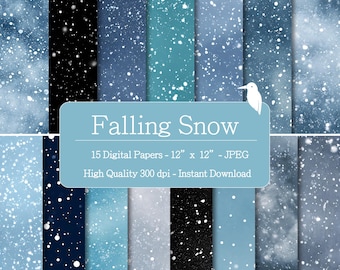 May include: A set of 15 digital papers, each 30.48 cm x 30.48 cm, with a falling snow design. The papers showcase various shades of blue and white, with a snowfall effect. The words "Falling Snow" are displayed on a light blue background.