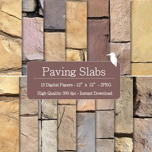 May include: A collection of fifteen digital papers featuring various stone paving slab textures. Each paper measures 12 inches by 12 inches and is available as a high-quality JPEG file. The image includes the text "Paving Slabs".