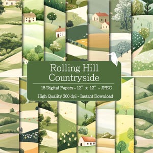 Könnte beinhalten: Eine Sammlung von 15 digitalen Papieren mit Hügel- und Landschaftsszenen. Jedes Papier misst 30,48 cm x 30,48 cm und ist im JPEG-Format. Der Text "Rolling Hill Countryside" ist enthalten.