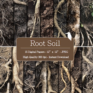 以下が含まれることがあります： 「Root Soil」というタイトルのデジタルアートコレクション。15枚のデジタルペーパーが含まれています。各ペーパーは30.48 cm x 30.48 cmで、JPEG形式です。土と根の様々なテクスチャが写し出され、300 dpiの高画質です。