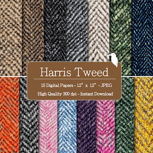 Può includere: Una collezione di 15 carte digitali Harris Tweed, ciascuna di 30,48 cm x 30,48 cm, con vari disegni a spina di pesce e colori. L'immagine presenta una varietà di colori, tra cui nero, marrone, verde, blu, rosa e arancione.
