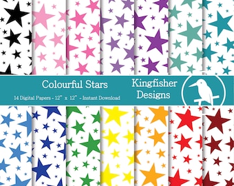 14 Colourful Stars Digital Papers Set for Instant Download – Digital Patterned Paper, Scrapbooking and crafting, printable patterns