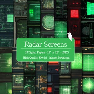 May include: A collection of 15 digital papers featuring radar screen designs. Each paper measures 12 x 12 inches and is in JPEG format. The designs showcase various radar displays in shades of green, red, and black, with a high-quality 300 dpi resolution.