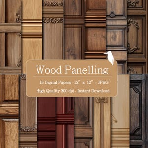 Könnte beinhalten: Eine Collage verschiedener Holzvertäfelungsdesigns in Braun-, Beige- und Rotbrauntönen. Das Bild enthält eine Textüberlagerung mit der Aufschrift "Wood Panelling" und gibt 15 digitale Papiere an, jeweils 30,48 cm x 30,48 cm groß.