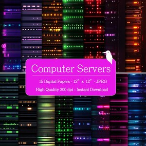 May include: A digital art composition featuring a grid of computer server illustrations with vibrant neon lights in various colors. The image includes a pink banner with the text "Computer Servers" and details about the digital papers.