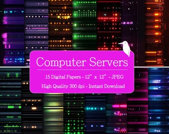 May include: A digital art composition featuring a grid of computer server illustrations with vibrant neon lights in various colors. The image includes a pink banner with the text "Computer Servers" and details about the digital papers.