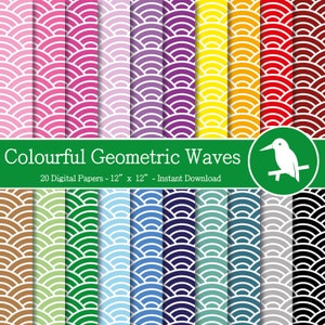 20 Colourful Geometric Waves Pattern Digital Papers Set,Instant Download,Digital Patterned Paper,Scrapbooking and crafting,printable pattern