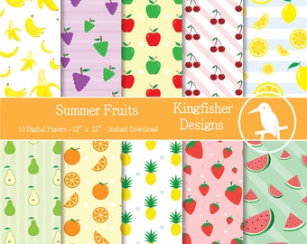 10 Summer Fruits Digital Papers Set for Instant Download – Digital Patterned Paper, Scrapbooking and crafting, printable patterns