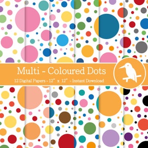 May include: Twelve digital papers featuring a polka dot pattern in various colours. Each paper has a different colour scheme with a white background. The papers are 12 inches by 12 inches.