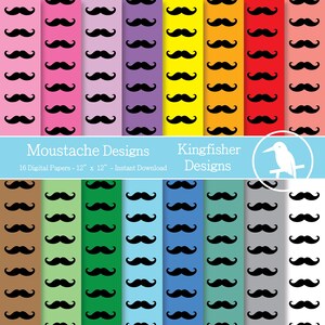 May include: A collection of digital papers featuring black mustache designs on various colored backgrounds. The papers are 12 x 12 inches and include the text "Moustache Designs" and "Kingfisher Designs".