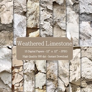 Puede incluir: Un conjunto de 15 papeles digitales con texturas de piedra caliza desgastada. Cada papel mide 12" x 12" (30,48 cm x 30,48 cm) en formato JPEG. Imágenes de alta calidad con resolución de 300 ppp, descarga instantánea.