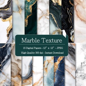 May include: A collection of 15 digital marble texture papers, each 12 inches by 12 inches, in various colors including black, gold, white, and blue. The image includes the text "Marble Texture".