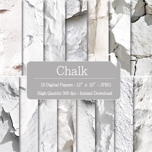 Può includere: Una collezione di 15 carte digitali con texture gessosa, ciascuna di 30,48 cm x 30,48 cm. Le carte sono bianche con varie sfumature e trame, che ricordano la pietra erosa. Il testo "Chalk" è incluso.