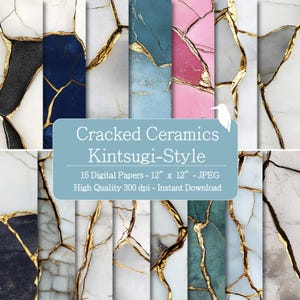 May include: A set of 15 digital papers with a Kintsugi-style cracked ceramic design. Each paper is 12" x 12" (30.48 cm x 30.48 cm) and features a range of colours, such as black, navy, pink, and grey, with gold detailing.