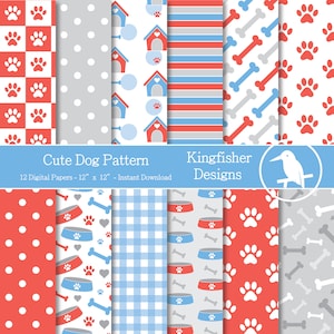 12 Blue and Red Cute Dog Pattern Digital Papers Set - Instant Download–Digital Patterned Paper,Scrapbooking and crafting, printable patterns