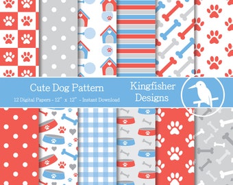 12 Blue and Red Cute Dog Pattern Digital Papers Set - Instant Download–Digital Patterned Paper,Scrapbooking and crafting, printable patterns