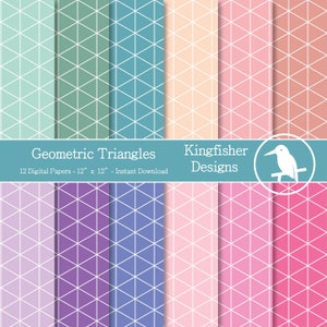 Pode incluir: Doze papéis digitais com padrões geométricos de triângulos em várias cores pastel, incluindo azul claro, verde, rosa, roxo e pêssego. Os papéis medem 30,5 cm por 30,5 cm e estão disponíveis para download instantâneo. O texto "Geometric Triangles" e "Kingfisher Designs" está incluído na imagem.