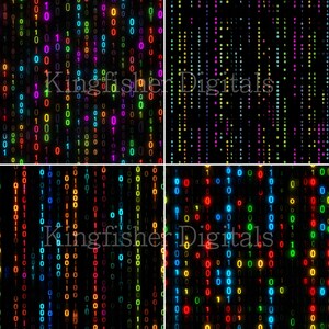 May include: Four digital art panels showcasing a binary code pattern. The design features a black background with streams of colorful, glowing zeros and ones in shades of red, green, blue, and purple. The text "Kingfisher Digitals" is visible.