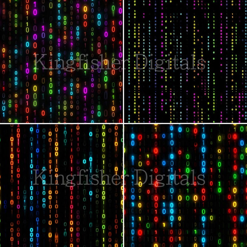 May include: Four digital art panels showcasing a binary code pattern. The design features a black background with streams of colorful, glowing zeros and ones in shades of red, green, blue, and purple. The text "Kingfisher Digitals" is visible.