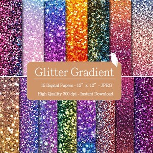 Può includere: Una collezione di 15 carte digitali con sfumature glitterate, ciascuna di 30,48 cm x 30,48 cm, in vari colori tra cui rosa, viola, arancione e verde. L'immagine include il testo "Glitter Gradient".