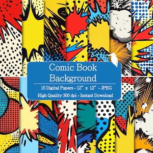 May include: A collection of digital comic book backgrounds with bold colors and dynamic designs. The backgrounds feature vibrant explosions, dots, and abstract shapes in red, yellow, blue, and black. Each paper is 12" x 12".