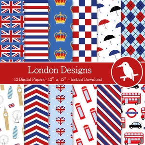 12 London Designs digitale papieren set voor directe download – digitaal patroonpapier, scrapbooking en knutselen, afdrukbare patronen