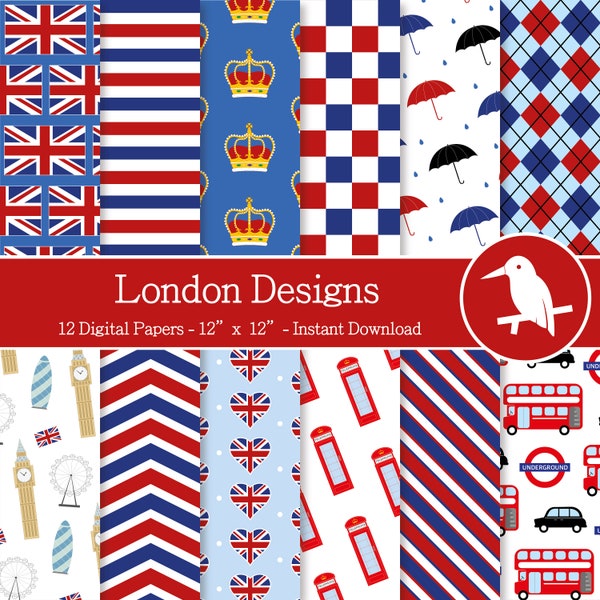 12 London Designs Digital Papers Set for Instant Download – Digital Patterned Paper, Scrapbooking and crafting, printable patterns