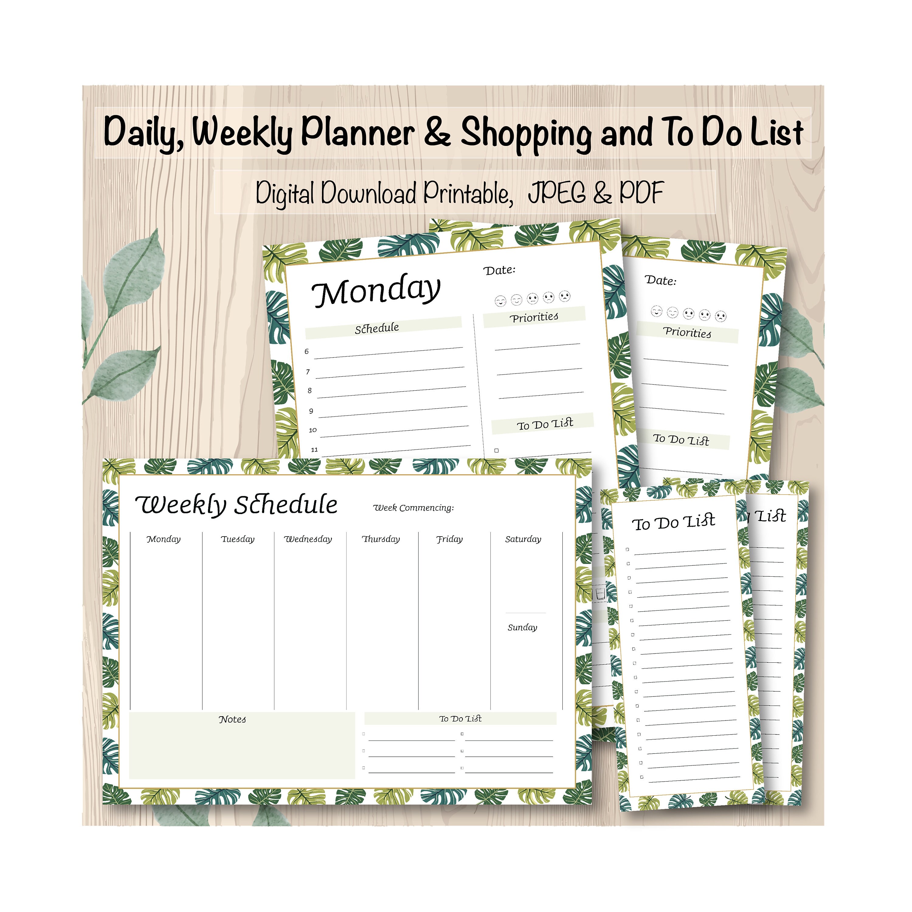 Tropical Leaves Design Pattern Printable Planner Set Daily and Weekly ...