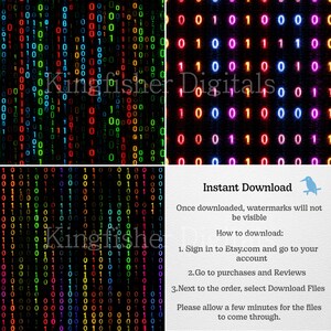 May include: Digital art featuring binary code patterns in green, red, and blue on a black background. The image includes the text "Kingfisher Digitals" and instructions for downloading the product.