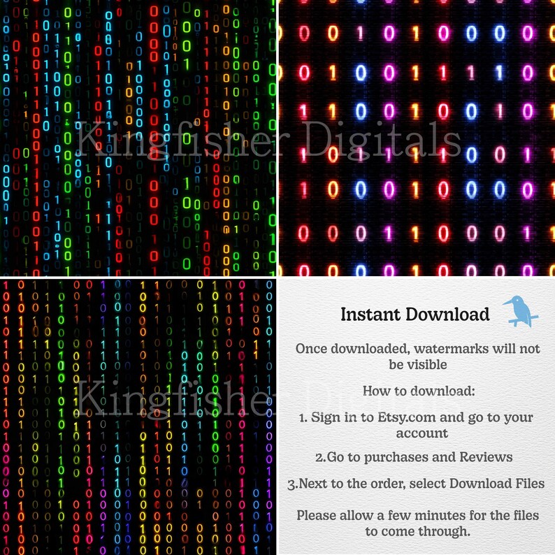 May include: Digital art featuring binary code patterns in green, red, and blue on a black background. The image includes the text "Kingfisher Digitals" and instructions for downloading the product.