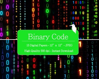 May include: Digital art featuring a binary code design with a black background and colorful, glowing numbers. The image includes a green banner with the text "Binary Code" and details about the digital papers, each 12" x 12".
