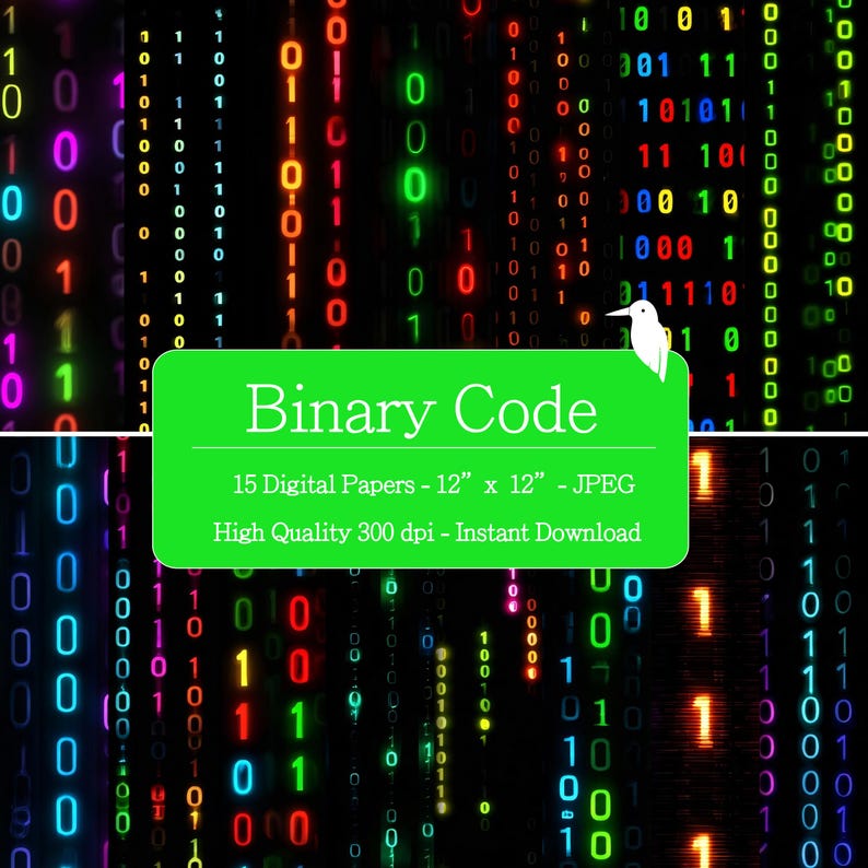 May include: Digital art featuring a binary code design with a black background and colorful, glowing numbers. The image includes a green banner with the text "Binary Code" and details about the digital papers, each 12" x 12".