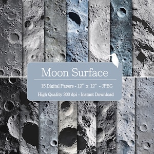 Puede incluir: Quince papeles digitales que muestran un diseño detallado de la superficie lunar. Cada papel mide 30,48 cm x 30,48 cm y es un archivo JPEG de alta calidad. La imagen presenta cráteres y diferentes tonos de gris y azul.