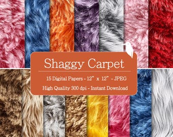 May include: A collection of 15 digital papers with a shaggy carpet texture, each 12" x 12" in size. The papers feature a variety of colors, including pink, blue, orange, purple, gray, and red. The image includes the text "Shaggy Carpet".