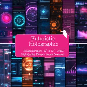 May include: A collection of 15 digital papers with a futuristic holographic design. The papers feature neon colors, including pink, blue, and orange, with intricate tech-inspired patterns. Each paper measures 12 inches by 12 inches.