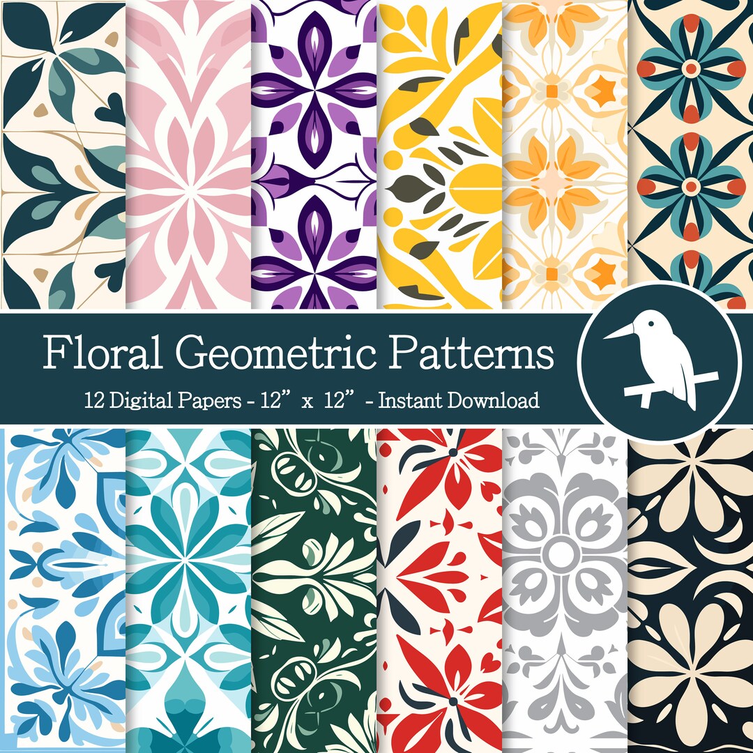 Geometric Floral Pattern Digital Paper Set (instant Download) - Etsy