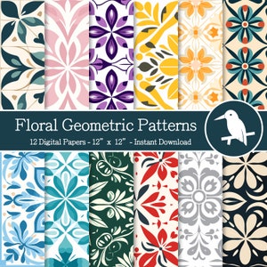 May include: A collection of twelve digital papers featuring floral geometric patterns. Each paper measures 12 x 12 inches and showcases a variety of colorful designs, including flowers and geometric shapes. The designs are in shades of blue, pink, purple, yellow, and red.