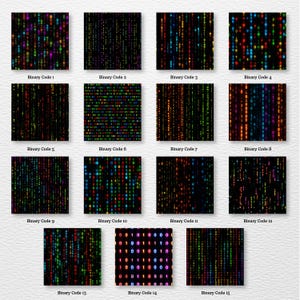 May include: A collection of 15 square digital art prints featuring binary code patterns. Each print displays a unique arrangement of colorful, vertical lines and scattered dots against a black background. The prints are labeled "Binary Code" followed by a number.
