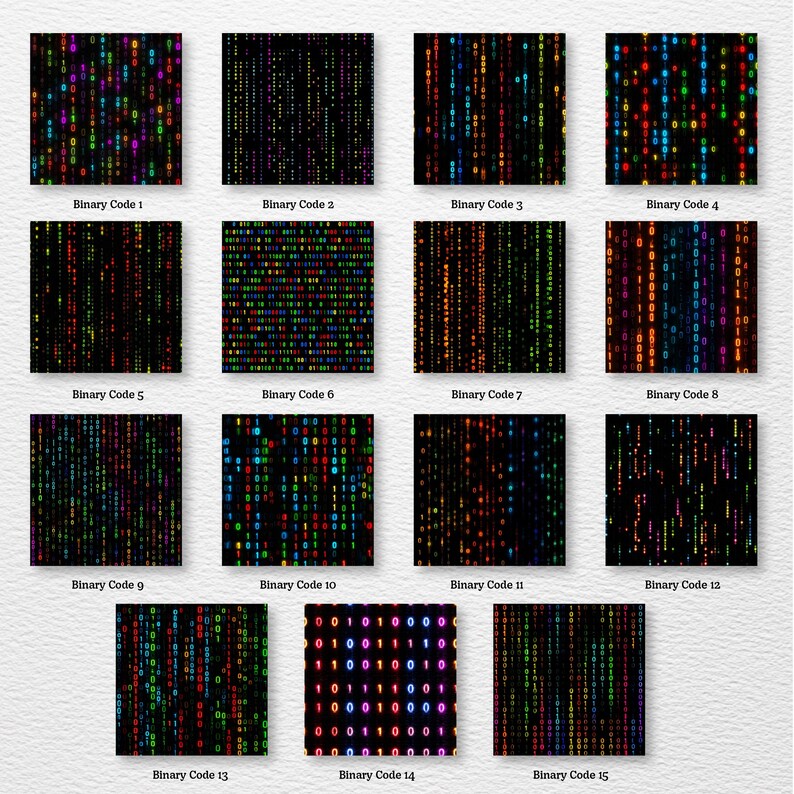 May include: A collection of 15 square digital art prints featuring binary code patterns. Each print displays a unique arrangement of colorful, vertical lines and scattered dots against a black background. The prints are labeled "Binary Code" followed by a number.