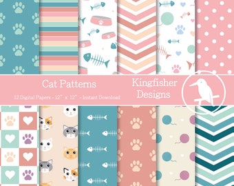 12 Cute Cat Patterns Digital Paper for Instant Download - Scrapbooking/ Crafting paper